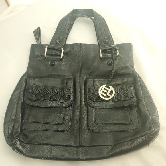 Elliott Lucca Womens Black Leather Double Handles Classic Shoulder Handbag - Picture 1 of 15